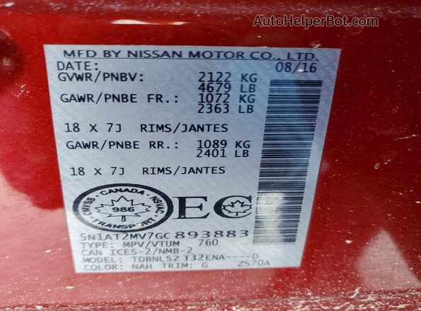 5N1AT2MV7GC893883 2016 NISSAN ROGUE Maroon 