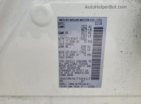 5N1AT2MV7HC750417 2017 NISSAN ROGUE White 