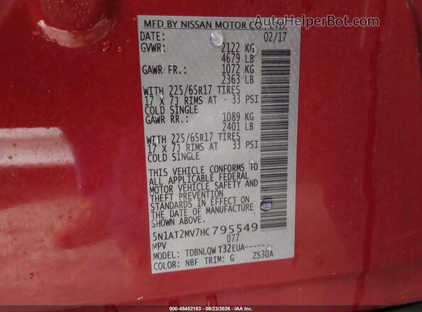 5N1AT2MV7HC795549 2017 NISSAN ROGUE Red Engine compartment view