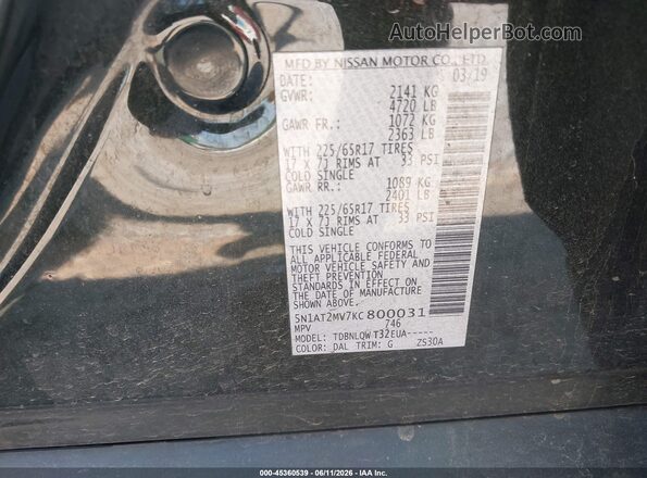 5N1AT2MV7KC800031 2019 NISSAN ROGUE Green Widok komory silnika
