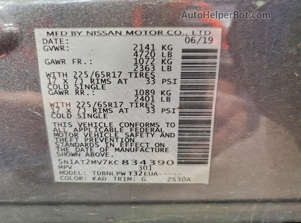 5N1AT2MV7KC834390 2019 NISSAN ROGUE Gray 