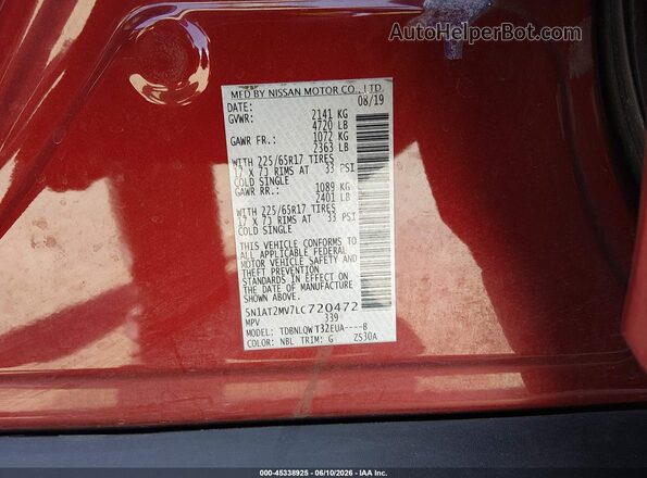 5N1AT2MV7LC720472 2020 NISSAN ROGUE Red Engine compartment view
