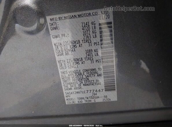 5N1AT2MV7LC777447 2020 NISSAN ROGUE Gray Engine compartment view