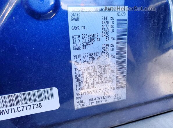 5N1AT2MV7LC777738 2020 NISSAN ROGUE Blue VIN կոդի պիտակի տեսք