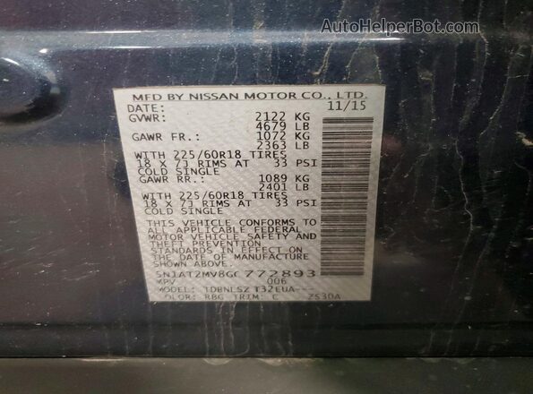 5N1AT2MV8GC772893 2016 NISSAN ROGUE Синий Вид наклейки с VIN-кодом