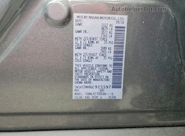 5N1AT2MV8GC915597 2016 NISSAN ROGUE Gray ძრავის განყოფილების ხედი