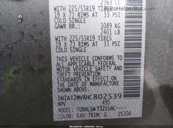 5N1AT2MV8HC802539 2017 NISSAN ROGUE Gray Vista del compartimento del motor