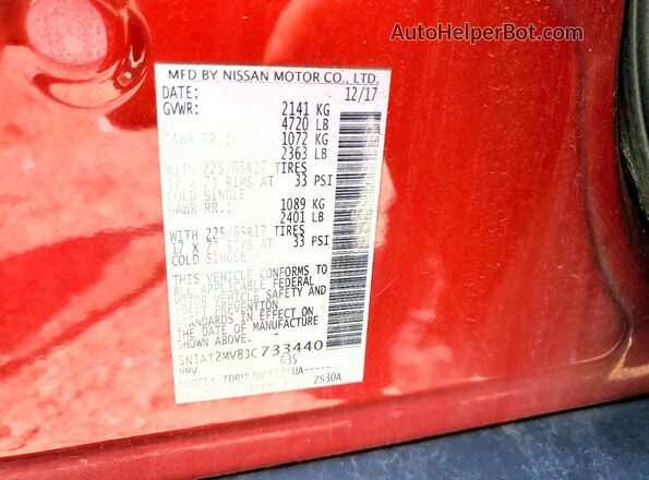 5N1AT2MV8JC733440 2018 NISSAN ROGUE Burgundy Vista de la etiqueta del VIN