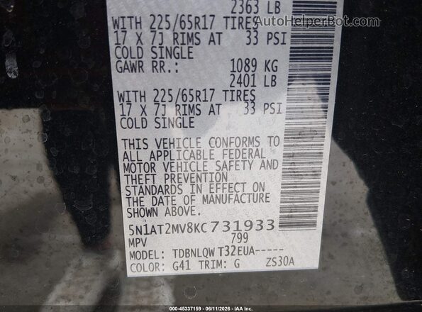 5N1AT2MV8KC731933 2019 NISSAN ROGUE Black Вид підкапотного простору