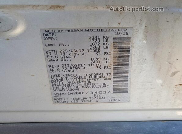 5N1AT2MV8KC734024 2019 NISSAN ROGUE Серебряный Вид наклейки с VIN-кодом