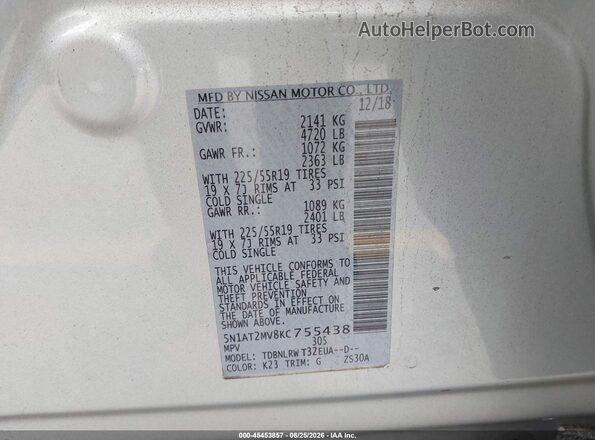 5N1AT2MV8KC755438 2019 NISSAN ROGUE Серебряный Вид подкапотного пространства