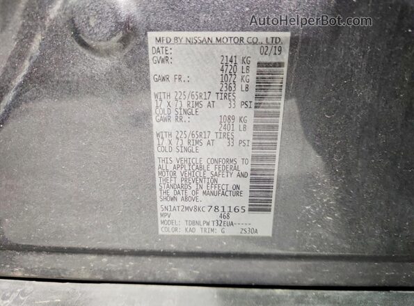 5N1AT2MV8KC781165 2019 NISSAN ROGUE Gray VIN sticker view