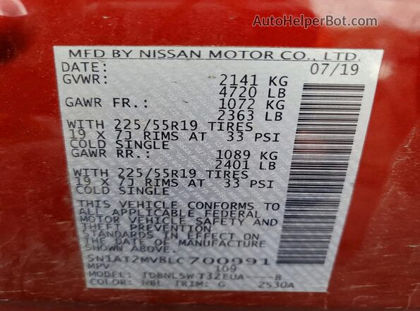 5N1AT2MV8LC700991 2020 NISSAN ROGUE Red VIN კოდის სტიკერის ხედი