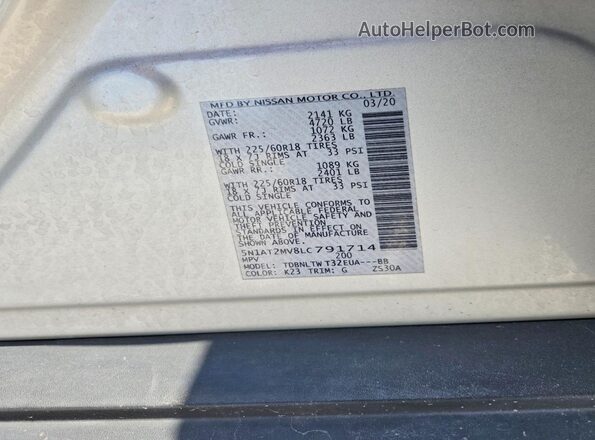 5N1AT2MV8LC791714 2020 NISSAN ROGUE Silver 