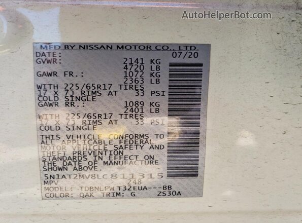 5N1AT2MV8LC811315 2020 NISSAN ROGUE White 