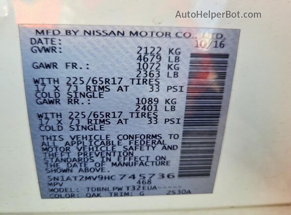 5N1AT2MV9HC745736 2017 NISSAN ROGUE White VIN sticker view