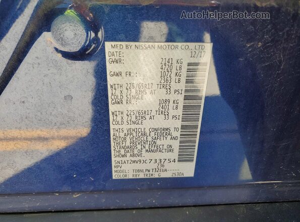 5N1AT2MV9JC733754 2018 NISSAN ROGUE Blue VIN კოდის სტიკერის ხედი