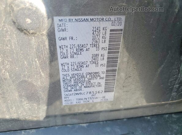 5N1AT2MV9LC785162 2020 NISSAN ROGUE Gray 