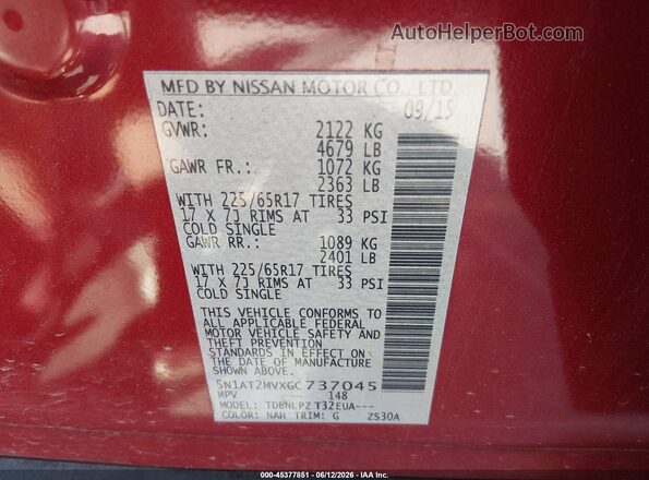 5N1AT2MVXGC737045 2016 NISSAN ROGUE Red Widok komory silnika