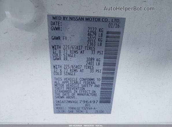5N1AT2MVXGC796497 2016 NISSAN ROGUE White Շարժիչի բաժամունքի տեսք