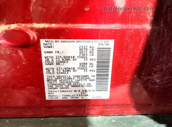 5N1AT2MVXGC833659 2016 NISSAN ROGUE Red Widok naklejki z numerem VIN