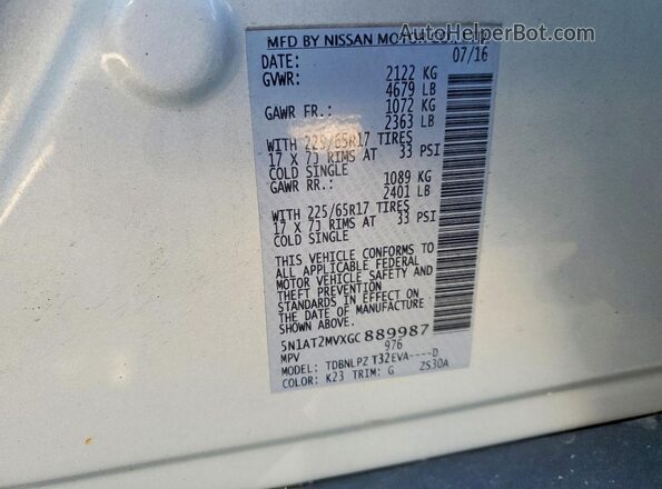 5N1AT2MVXGC889987 2016 NISSAN ROGUE Silver VIN sticker view