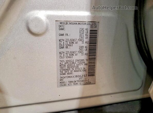 5N1AT2MVXJC806257 2018 NISSAN ROGUE Silver 