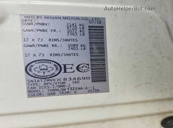 5N1AT2MVXJC834690 2018 NISSAN ROGUE White 