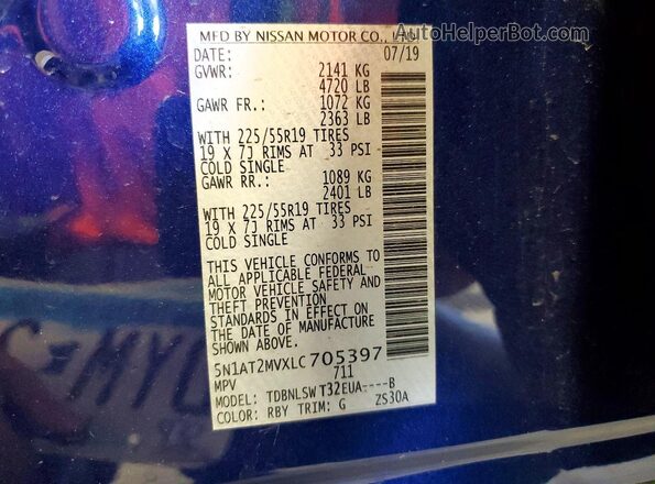 5N1AT2MVXLC705397 2020 NISSAN ROGUE Синий Панорамный вид салона 360°
