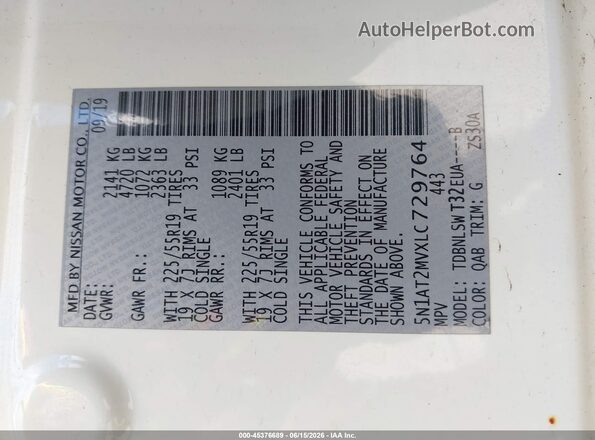 5N1AT2MVXLC729764 2020 NISSAN ROGUE Белый Вид подкапотного пространства