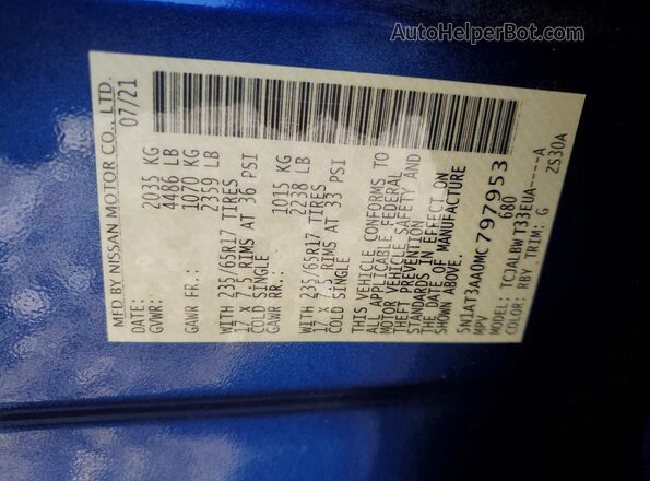 5N1AT3AA0MC797953 2021 NISSAN ROGUE Blue VIN sticker view