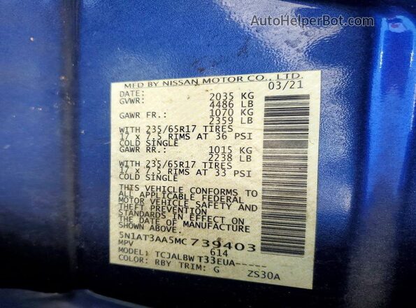5N1AT3AA5MC739403 2021 NISSAN ROGUE Blue VIN կոդի պիտակի տեսք
