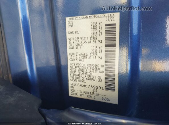 5N1AT3AAXMC739591 2021 NISSAN ROGUE Blue Շարժիչի բաժամունքի տեսք