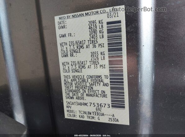 5N1AT3AB4MC753673 2021 NISSAN ROGUE Gray Widok komory silnika