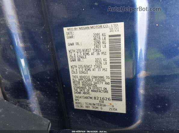 5N1AT3AB7MC821626 2021 NISSAN ROGUE Blue 