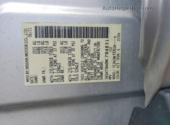 5N1AT3BA0MC784831 2021 NISSAN ROGUE Silver Вид наклейки з VIN-кодом