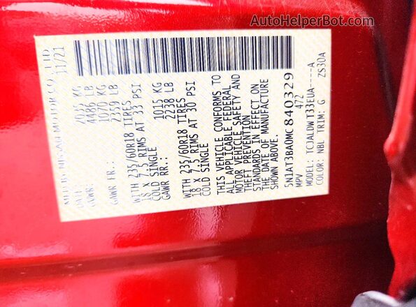 5N1AT3BA0MC840329 2021 NISSAN ROGUE Red 