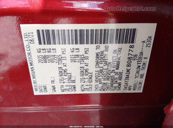 5N1AT3BA1MC808778 2021 NISSAN ROGUE Burgundy Engine compartment view