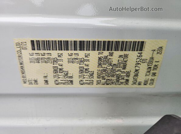 5N1AT3BA2MC795264 2021 NISSAN ROGUE White Панорамний вид салону 360°