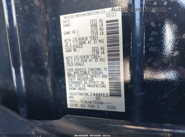5N1AT3BA3MC746011 2021 NISSAN ROGUE Black Вид підкапотного простору