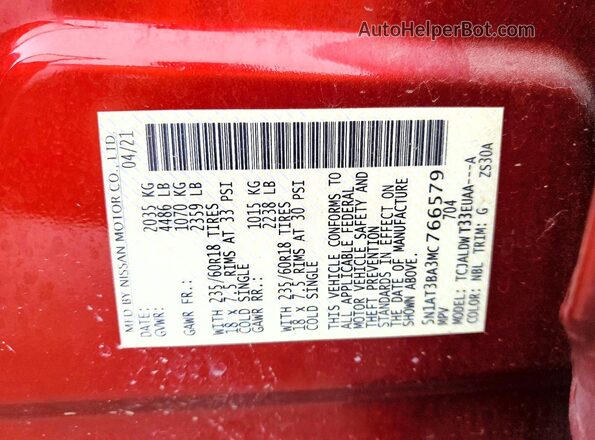 5N1AT3BA3MC766579 2021 NISSAN ROGUE Burgundy VIN sticker view