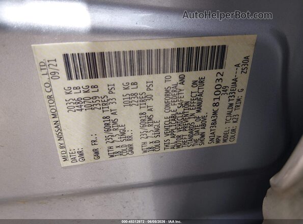 5N1AT3BA3MC810032 2021 NISSAN ROGUE Серебряный Вид подкапотного пространства
