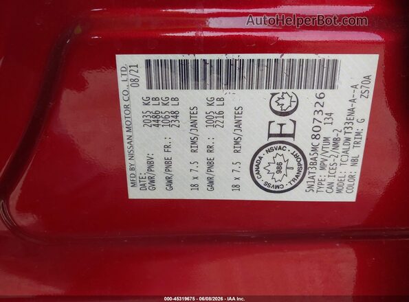 5N1AT3BA5MC807326 2021 NISSAN ROGUE Red Вид підкапотного простору