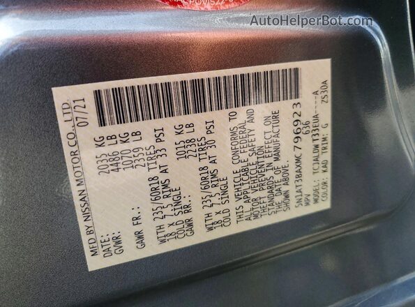 5N1AT3BAXMC796923 2021 NISSAN ROGUE Gray 