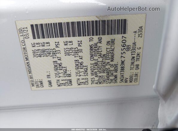5N1AT3BB3MC755607 2021 NISSAN ROGUE White Engine compartment view