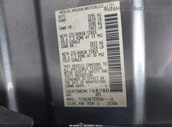 5N1AT3BB5MC768780 2021 NISSAN ROGUE Gray 