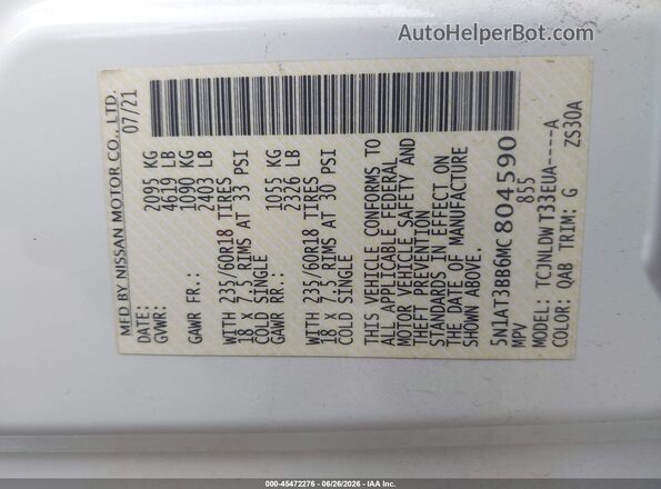 5N1AT3BB6MC804590 2021 NISSAN ROGUE White Вид підкапотного простору