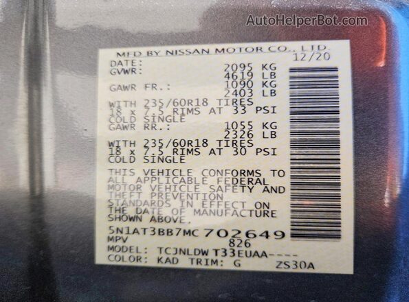 5N1AT3BB7MC702649 2021 NISSAN ROGUE Gray 360 interior view