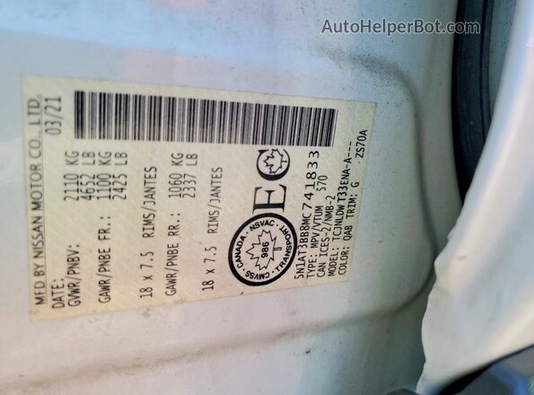 5N1AT3BB8MC741833 2021 NISSAN ROGUE Белый 