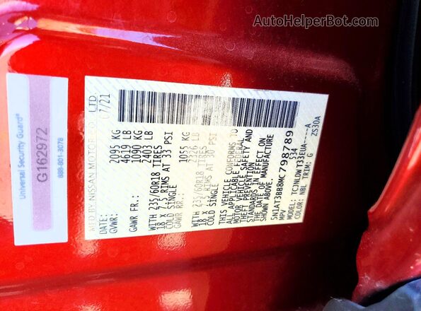 5N1AT3BB8MC798789 2021 NISSAN ROGUE Red VIN կոդի պիտակի տեսք